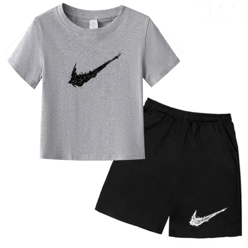 Summer Brand White T-shirt+Shorts Two-piece Set Kids New Clothing Fashion Letter Boy Girl3-13Yrs Sports Short-sleeved Casual Set