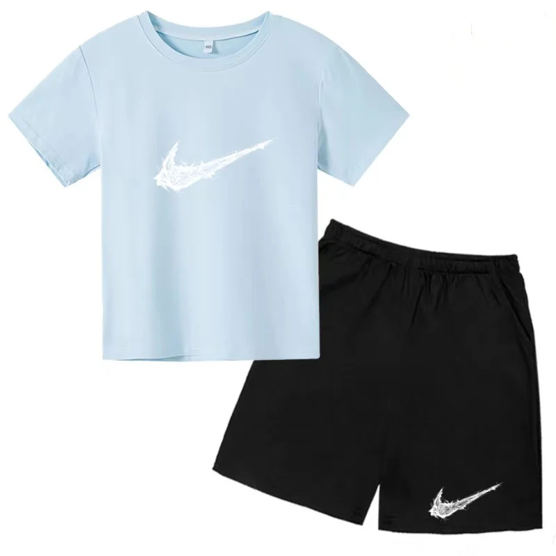Summer Brand White T-shirt+Shorts Two-piece Set Kids New Clothing Fashion Letter Boy Girl3-13Yrs Sports Short-sleeved Casual Set