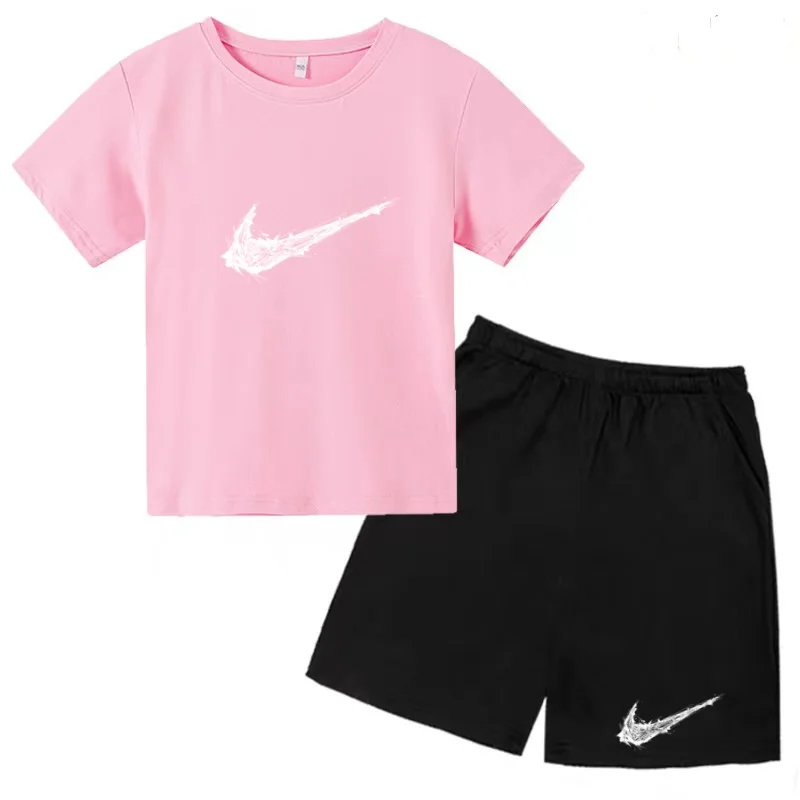 Summer Brand White T-shirt+Shorts Two-piece Set Kids New Clothing Fashion Letter Boy Girl3-13Yrs Sports Short-sleeved Casual Set