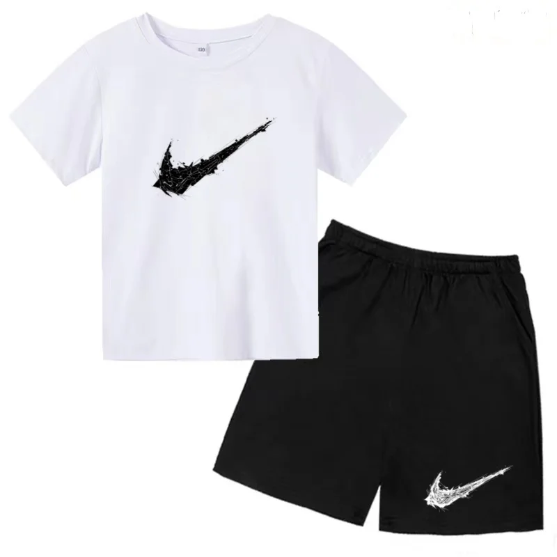 Summer Brand White T-shirt+Shorts Two-piece Set Kids New Clothing Fashion Letter Boy Girl3-13Yrs Sports Short-sleeved Casual Set