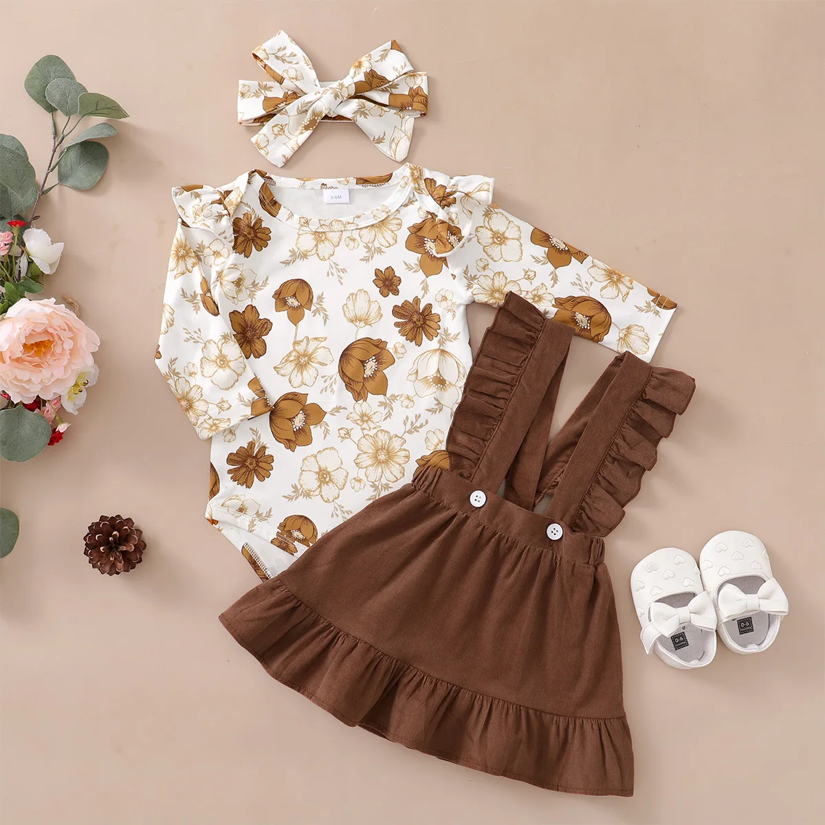 0-12 Months Newborn Baby Girl Set Beautiful Camellia Top+Suspender Skirt+Headband 3pcs Baby Girl Spring and Autumn Fashion Set