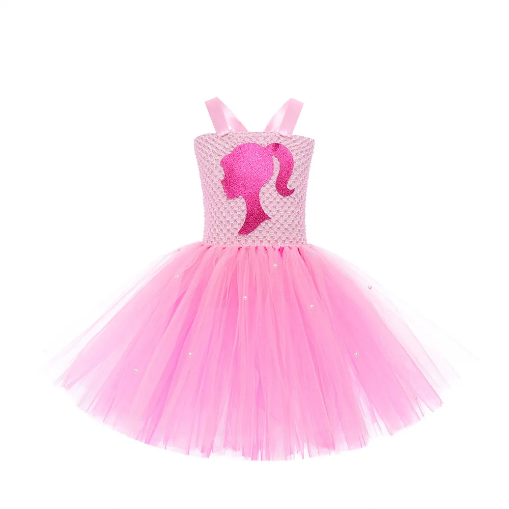 Pink Queen Frocks for Girls New Live-action Bar-b Movie Mesh Princess Dress Holiday Stage Birthday Party Performance Sets
