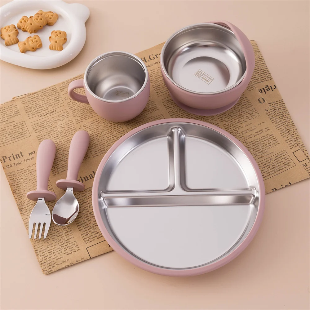 Color Kids 5PCS Baby Feeding Set Stainless Steel Silicone Tableware Sucker Dishes Plate Bowl Training Fork Spoon Infant Cup