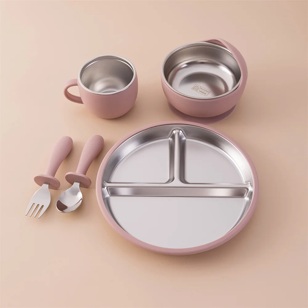 Color Kids 5PCS Baby Feeding Set Stainless Steel Silicone Tableware Sucker Dishes Plate Bowl Training Fork Spoon Infant Cup