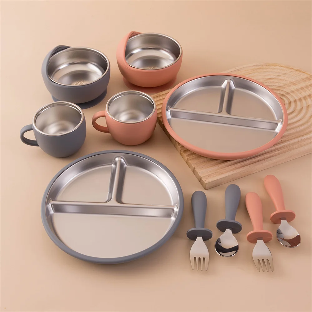 Color Kids 5PCS Baby Feeding Set Stainless Steel Silicone Tableware Sucker Dishes Plate Bowl Training Fork Spoon Infant Cup