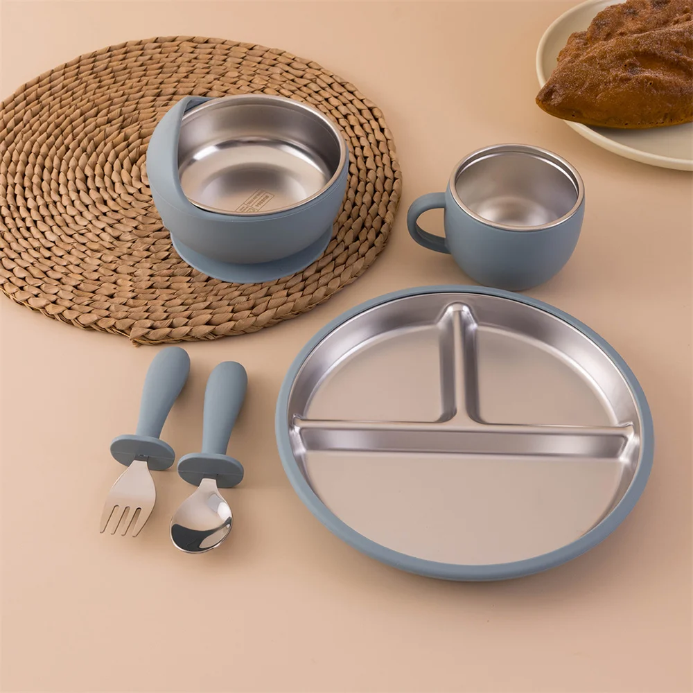 Color Kids 5PCS Baby Feeding Set Stainless Steel Silicone Tableware Sucker Dishes Plate Bowl Training Fork Spoon Infant Cup