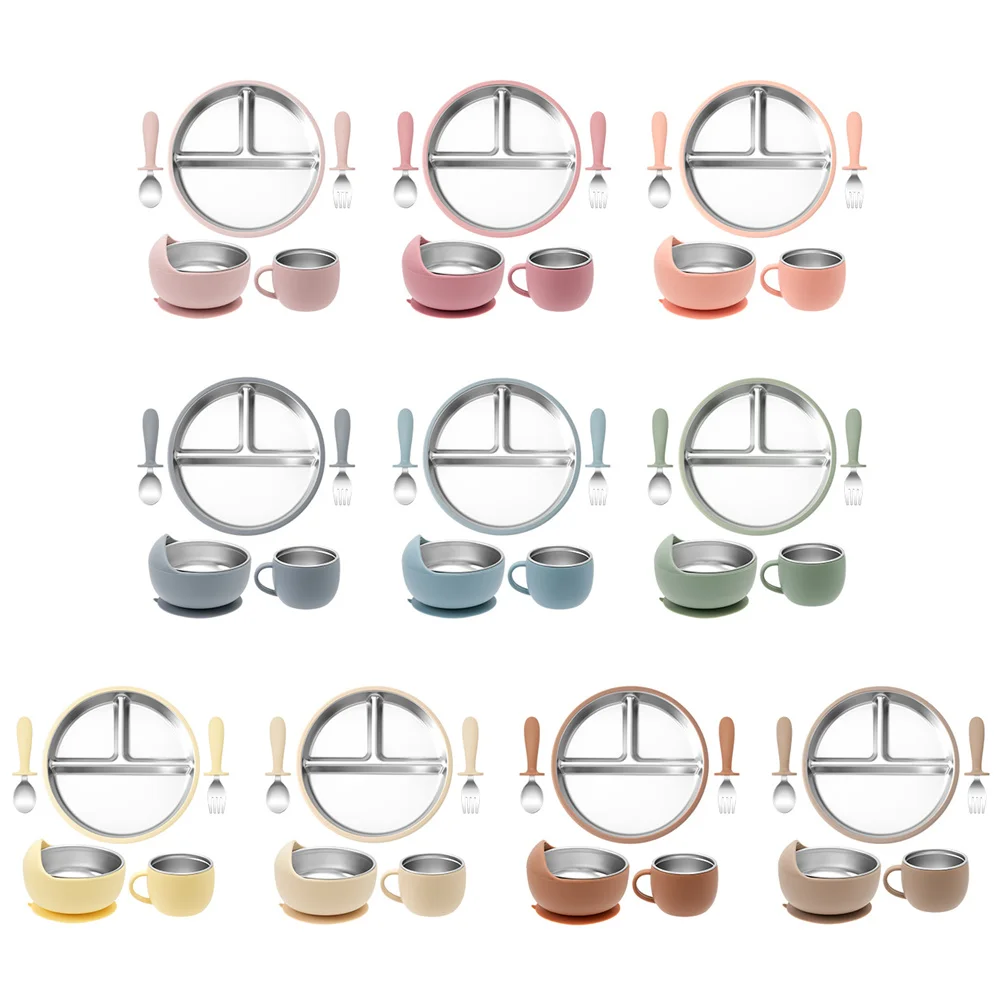 Color Kids 5PCS Baby Feeding Set Stainless Steel Silicone Tableware Sucker Dishes Plate Bowl Training Fork Spoon Infant Cup
