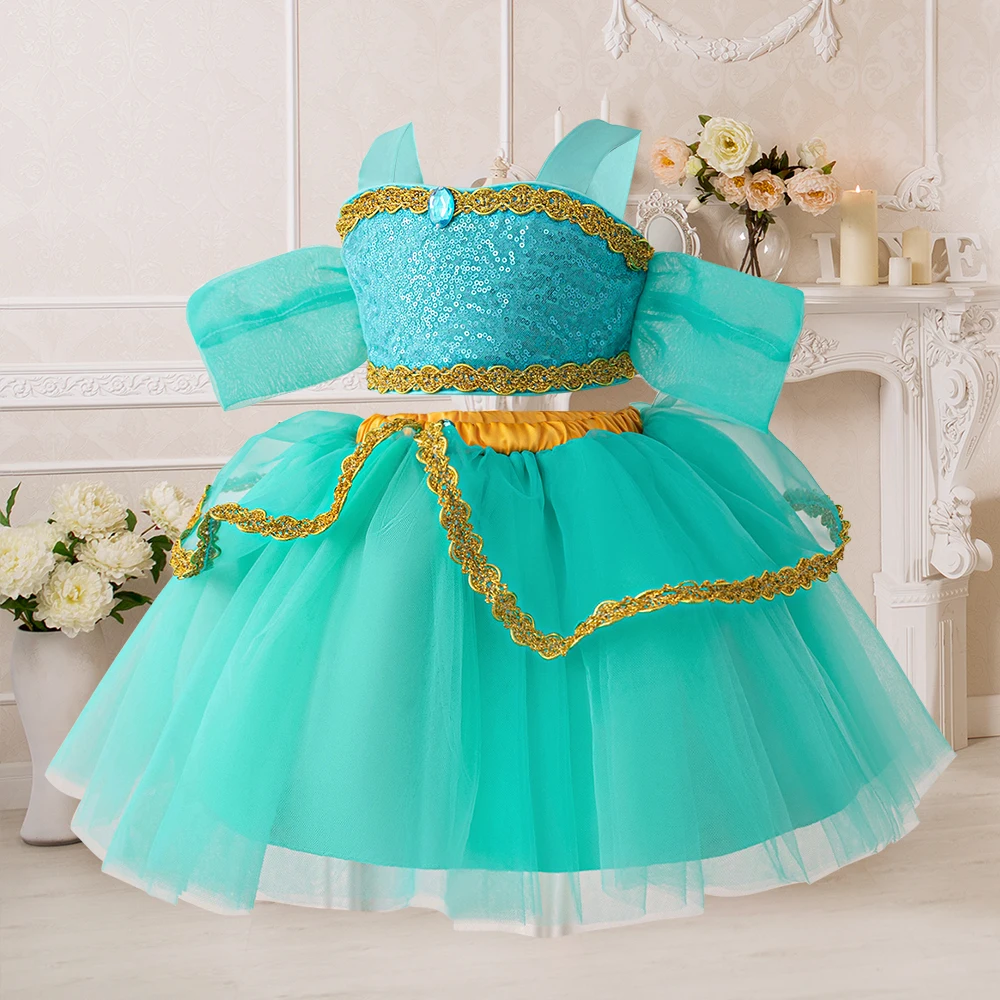 Baby Girls Jasmine Princess Dresses Girl Cosplay Party Dress Toddler Birthday Baptism Tulle Gown Kids Christmas Pageant Costumes