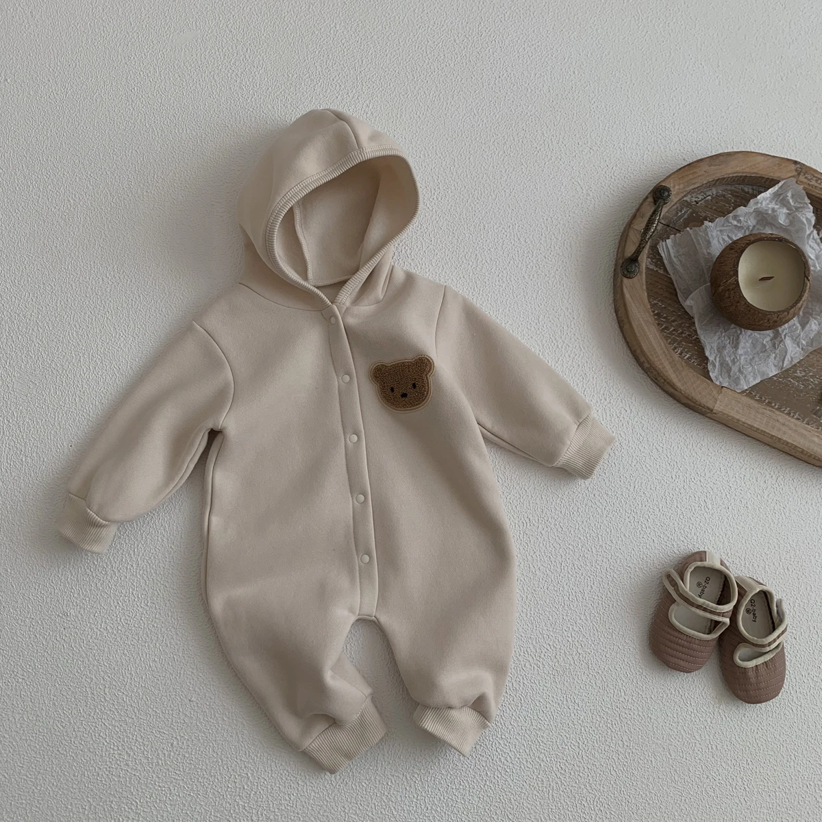 Ready Stock Newborn Baby Clothes Winter Baby Jumpsuit Bear Cute Hooded Baby Bodysuit Warm 0-2 Years Old