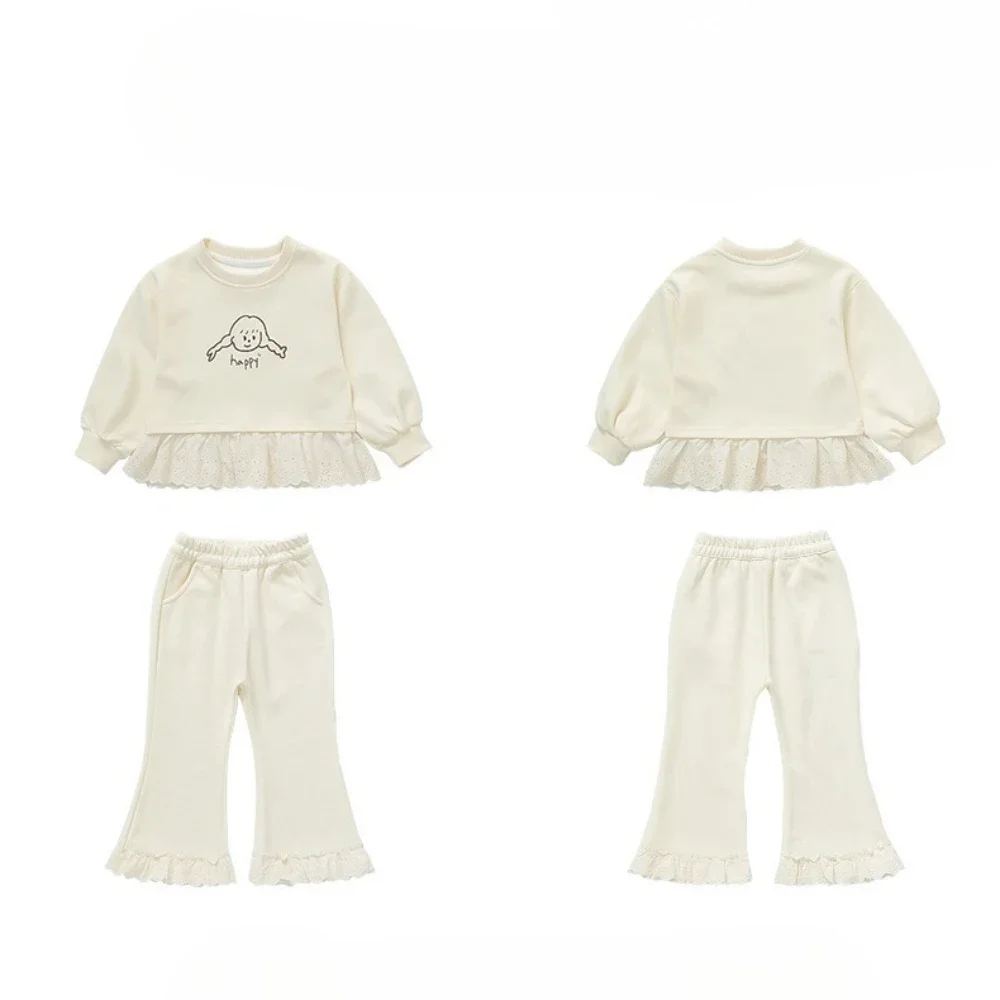 Spring and Autumn Korean Version Plain Girls' Clothing Lace Splicing Children's Set Long Sleeve Cartoon Printed Top + Pants