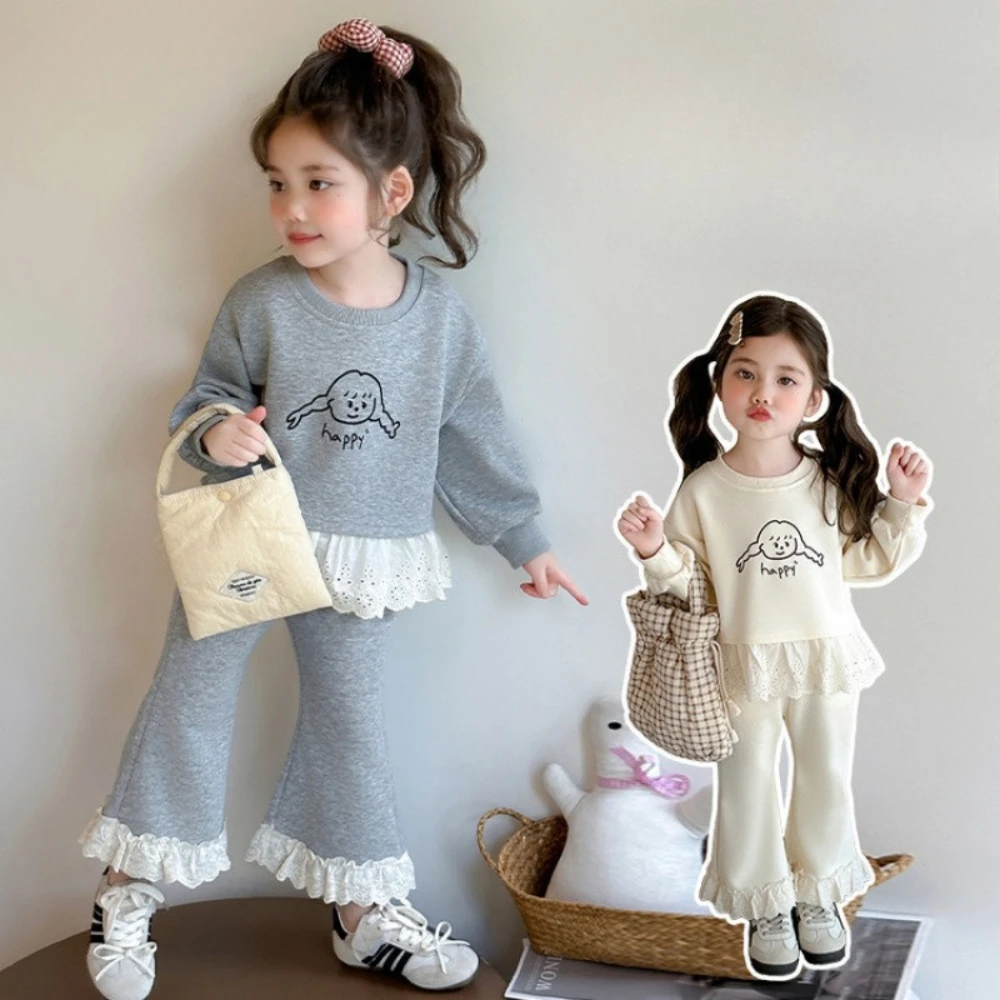 Spring and Autumn Korean Version Plain Girls' Clothing Lace Splicing Children's Set Long Sleeve Cartoon Printed Top + Pants
