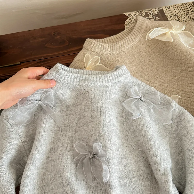Korean Girls Solid Color Sweaters Cute Bow Children Clothing Autumn Winter Baby Kids Sweet Princess Knitted Sweater 1-10Y