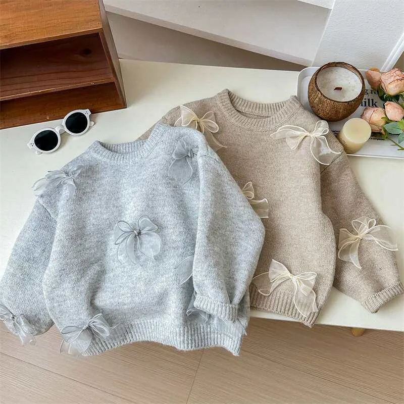 Korean Girls Solid Color Sweaters Cute Bow Children Clothing Autumn Winter Baby Kids Sweet Princess Knitted Sweater 1-10Y