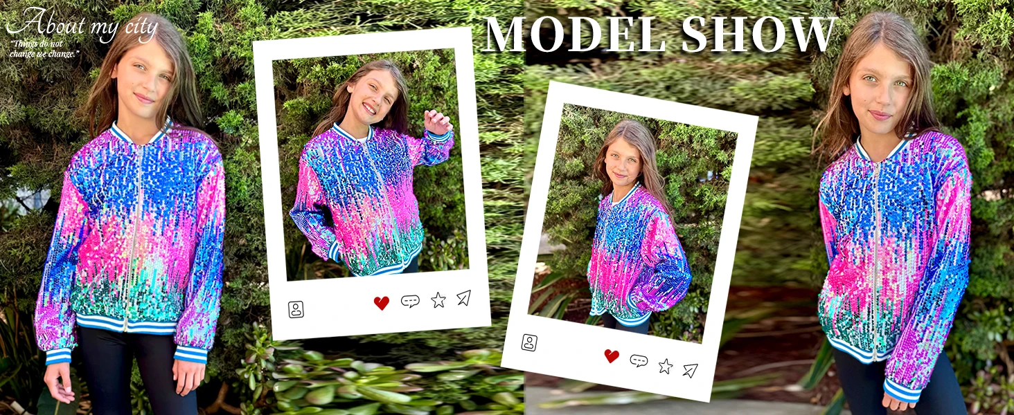 LOlanta Girls Sequin Bomber Jacket with Pockets Zipper Long Sleeve Sparkle Baseball Jackets for Kid 4-13 Years
