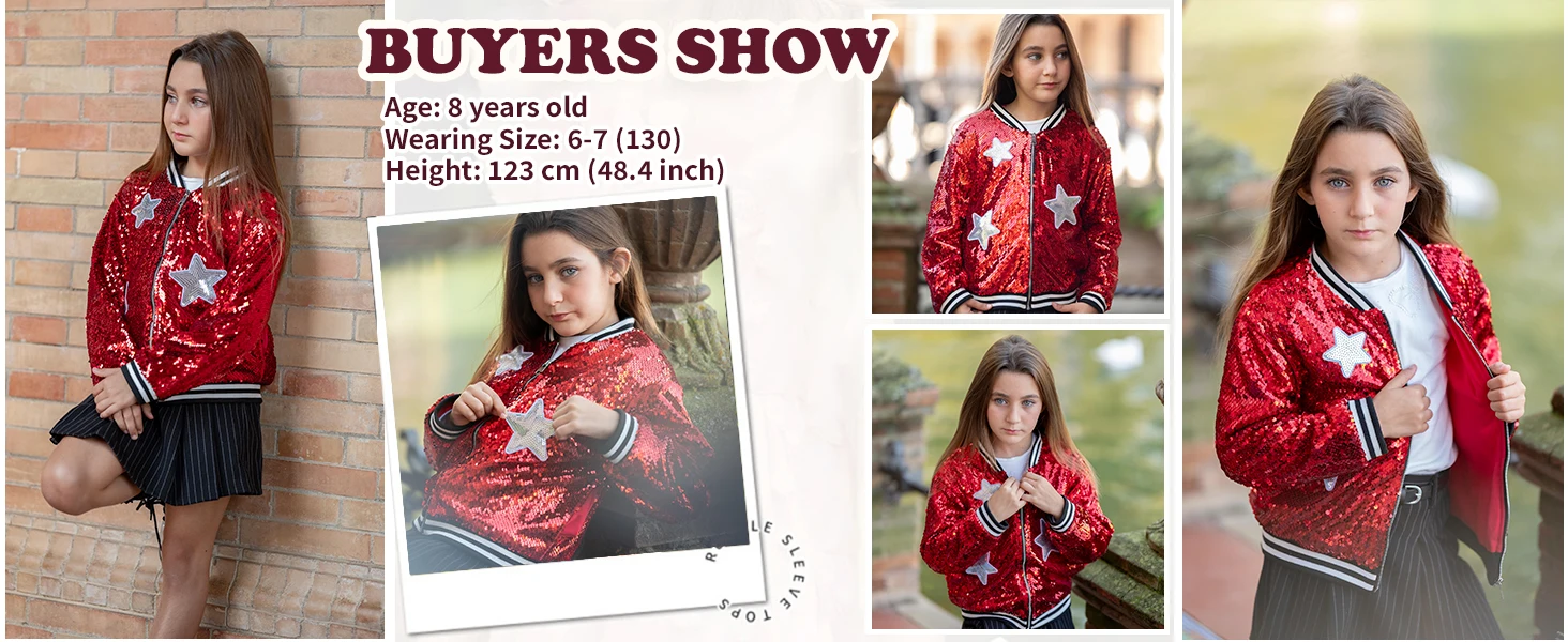 LOlanta Girls Sequin Bomber Jacket with Pockets Zipper Long Sleeve Sparkle Baseball Jackets for Kid 4-13 Years