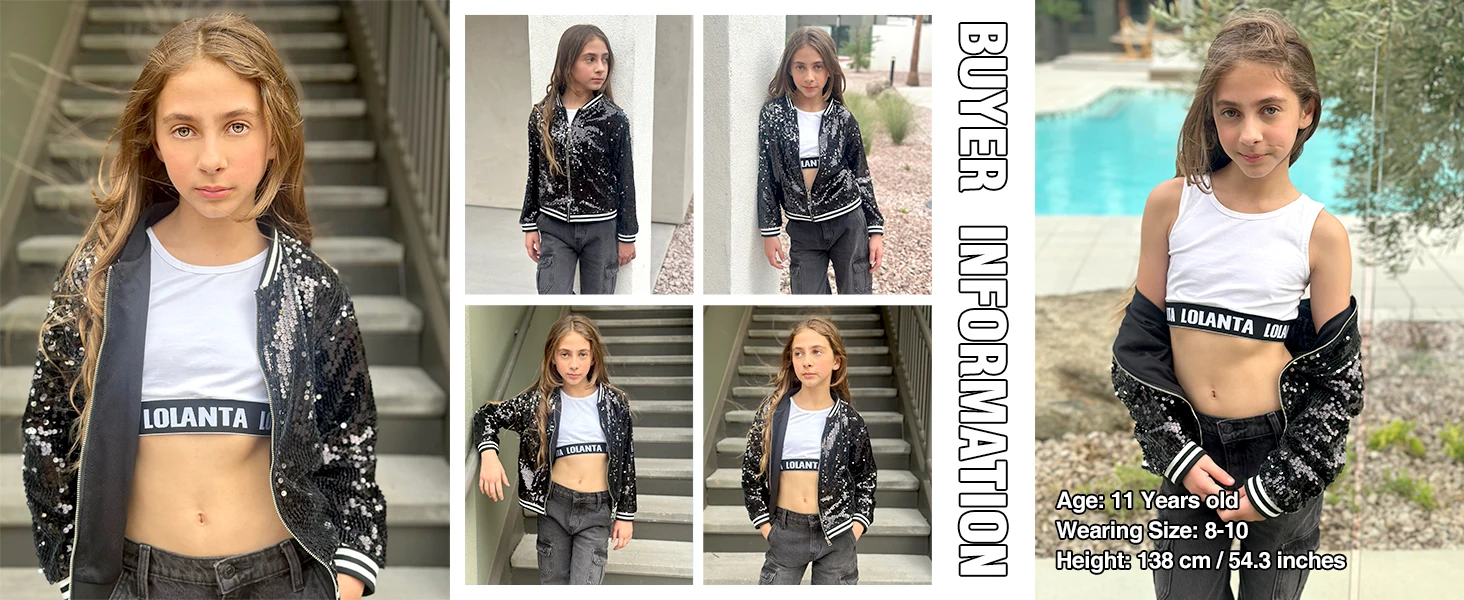 LOlanta Girls Sequin Bomber Jacket with Pockets Zipper Long Sleeve Sparkle Baseball Jackets for Kid 4-13 Years
