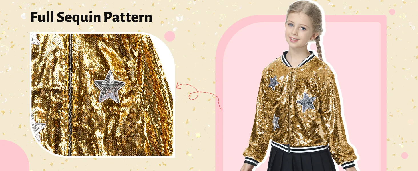LOlanta Girls Sequin Bomber Jacket with Pockets Zipper Long Sleeve Sparkle Baseball Jackets for Kid 4-13 Years