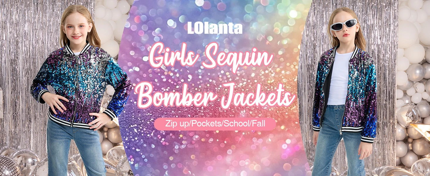 LOlanta Girls Sequin Bomber Jacket with Pockets Zipper Long Sleeve Sparkle Baseball Jackets for Kid 4-13 Years