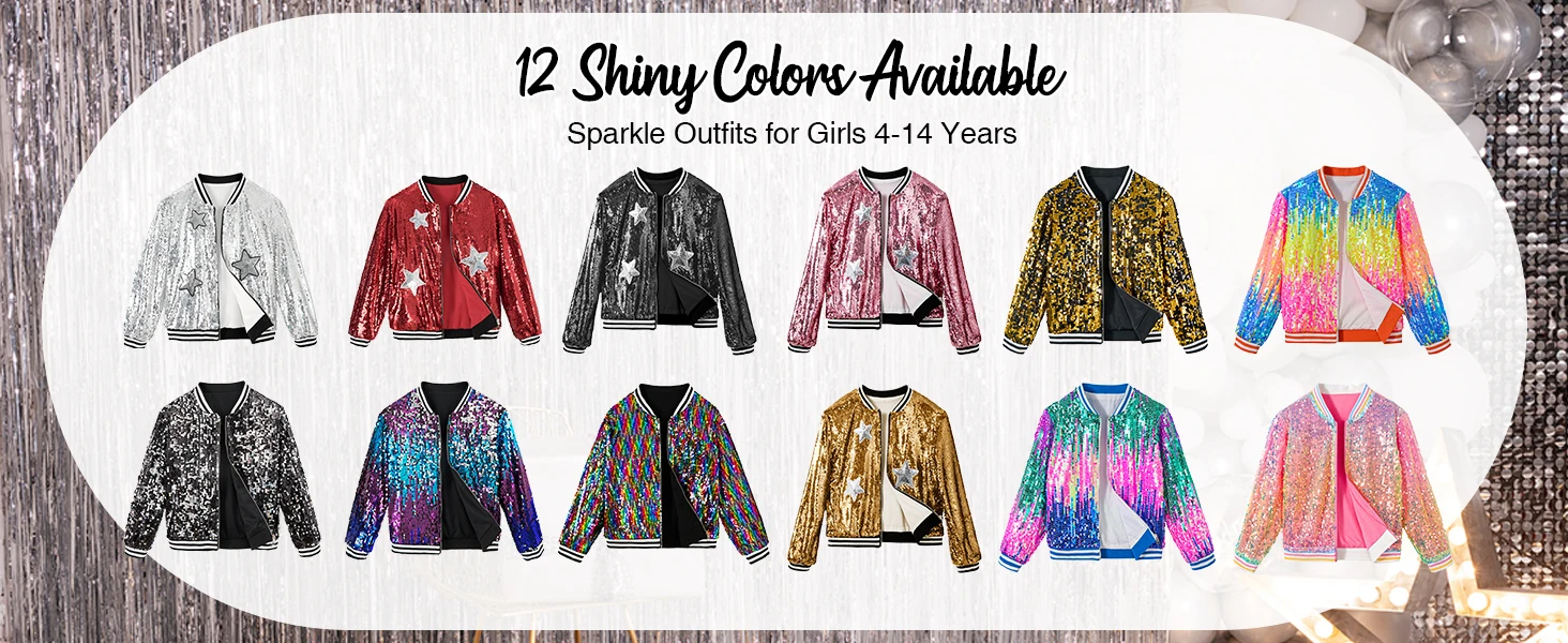 LOlanta Girls Sequin Bomber Jacket with Pockets Zipper Long Sleeve Sparkle Baseball Jackets for Kid 4-13 Years