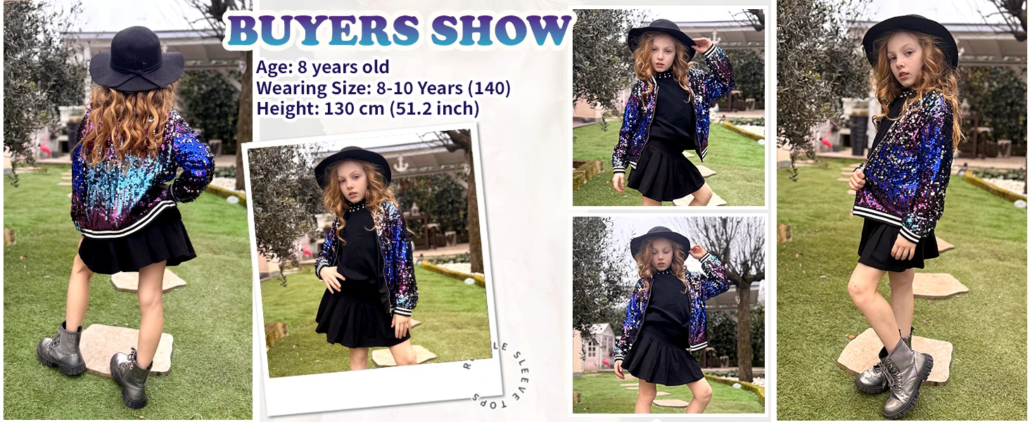 LOlanta Girls Sequin Bomber Jacket with Pockets Zipper Long Sleeve Sparkle Baseball Jackets for Kid 4-13 Years
