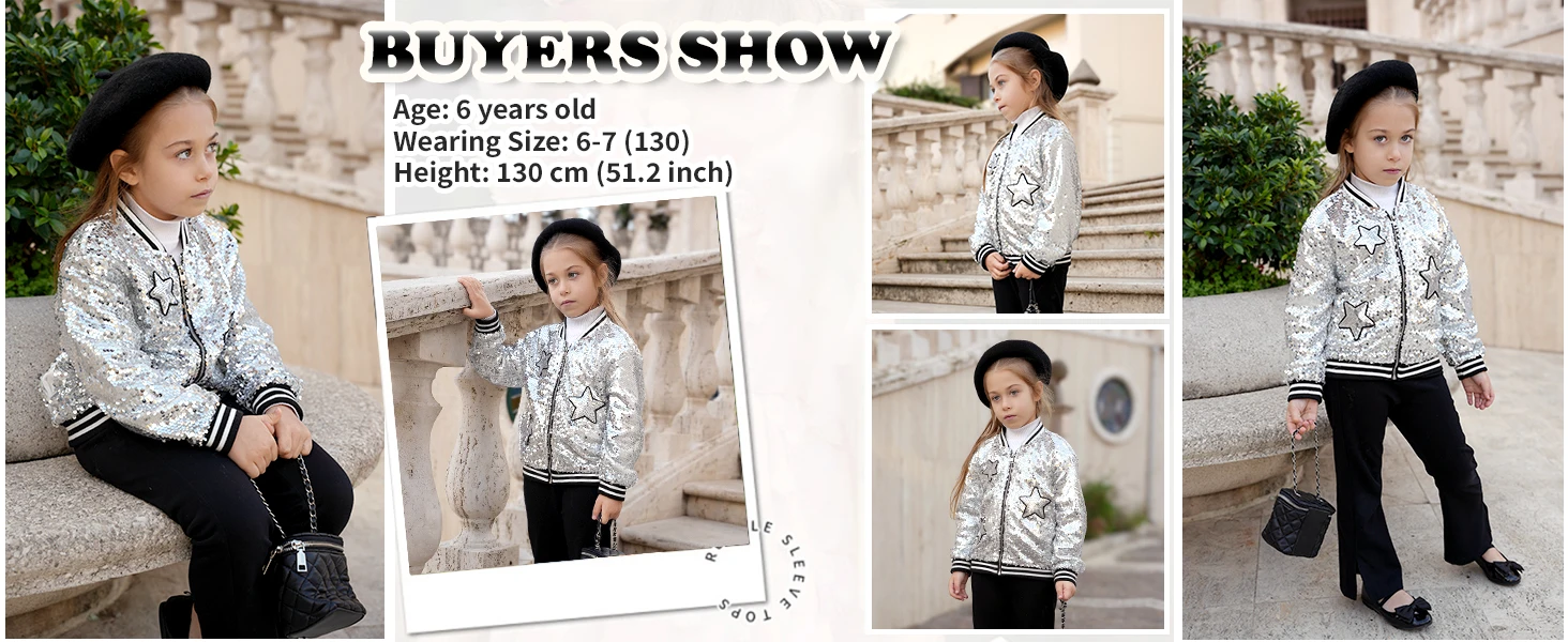 LOlanta Girls Sequin Bomber Jacket with Pockets Zipper Long Sleeve Sparkle Baseball Jackets for Kid 4-13 Years