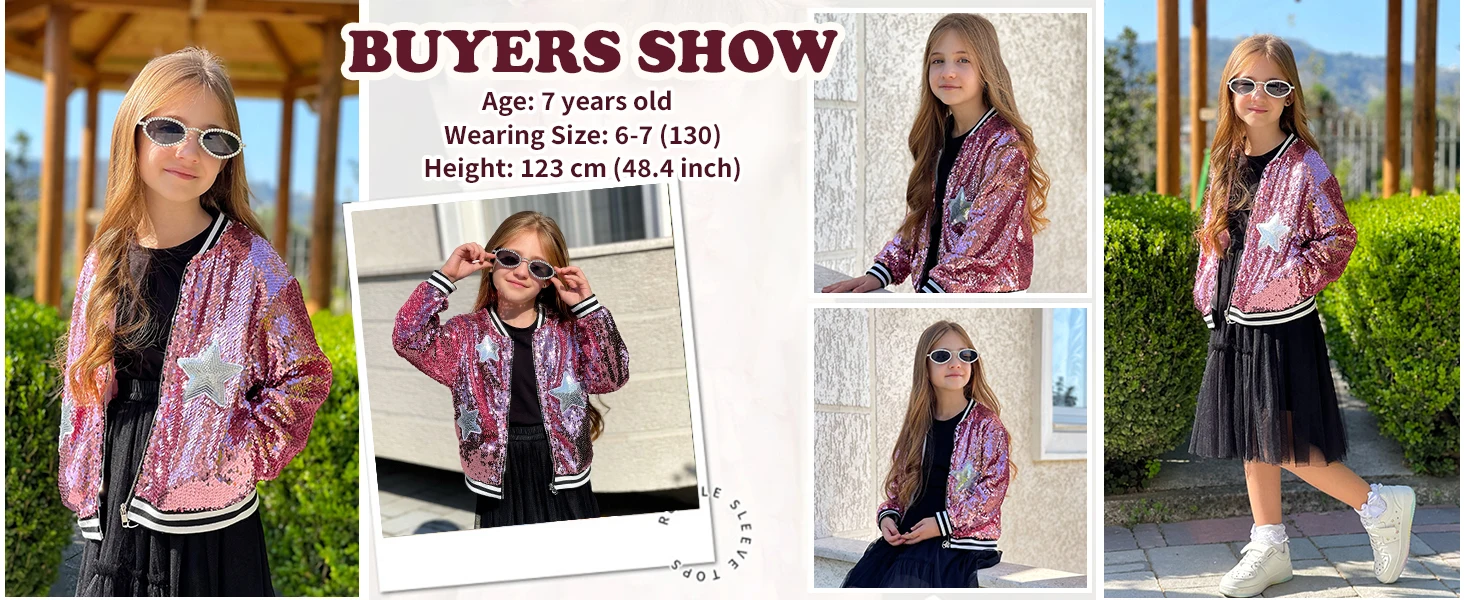 LOlanta Girls Sequin Bomber Jacket with Pockets Zipper Long Sleeve Sparkle Baseball Jackets for Kid 4-13 Years