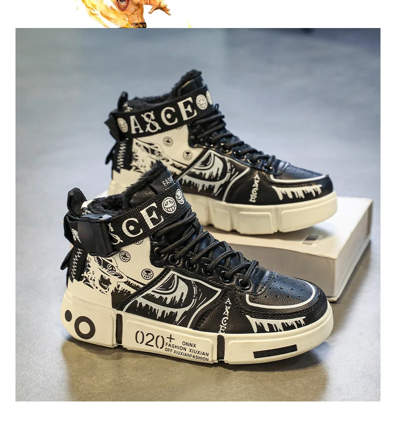 Boys' High-Top Sneakers 2025 Autumn/Winter New Style Children's Sports Shoes Buckle Student Soft-Soled Fleece Casual Shoes