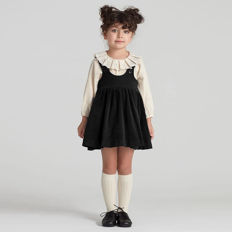 2026 Autumn New Retro Corduroy Adjustable Straps Dress Girls Casual Loose Sleeveless Ruched Dresses Children's Clothing