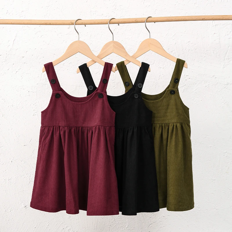 2026 Autumn New Retro Corduroy Adjustable Straps Dress Girls Casual Loose Sleeveless Ruched Dresses Children's Clothing