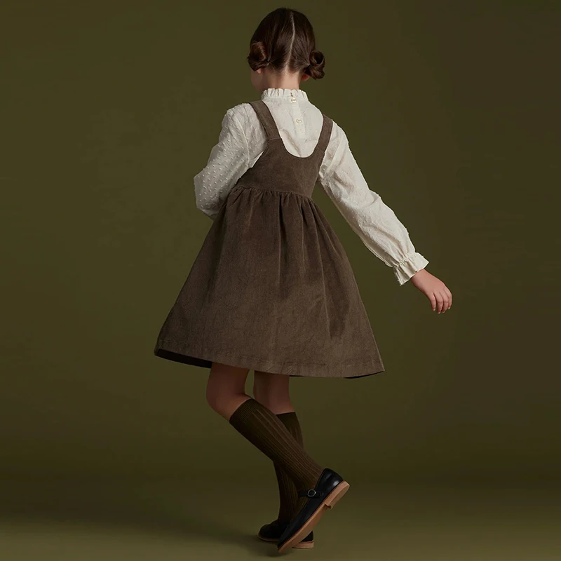 2026 Autumn New Retro Corduroy Adjustable Straps Dress Girls Casual Loose Sleeveless Ruched Dresses Children's Clothing