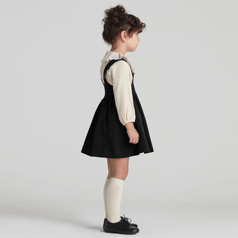 2026 Autumn New Retro Corduroy Adjustable Straps Dress Girls Casual Loose Sleeveless Ruched Dresses Children's Clothing
