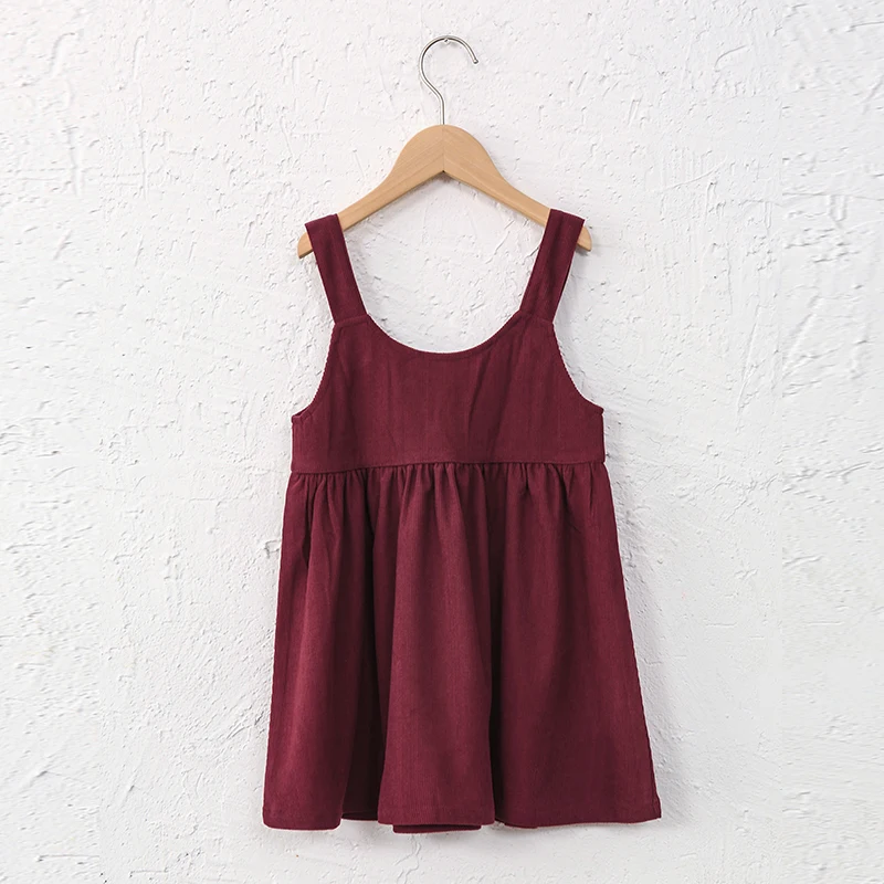2026 Autumn New Retro Corduroy Adjustable Straps Dress Girls Casual Loose Sleeveless Ruched Dresses Children's Clothing