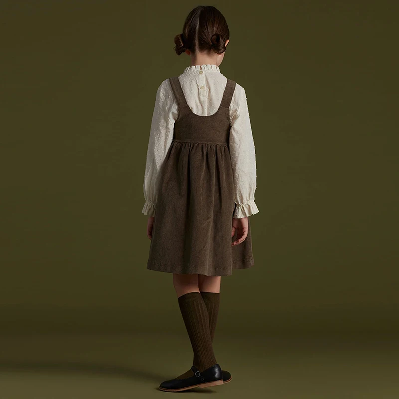 2026 Autumn New Retro Corduroy Adjustable Straps Dress Girls Casual Loose Sleeveless Ruched Dresses Children's Clothing