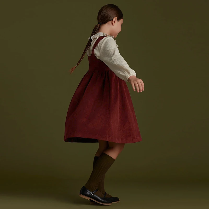 2026 Autumn New Retro Corduroy Adjustable Straps Dress Girls Casual Loose Sleeveless Ruched Dresses Children's Clothing