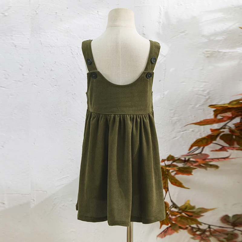 2026 Autumn New Retro Corduroy Adjustable Straps Dress Girls Casual Loose Sleeveless Ruched Dresses Children's Clothing