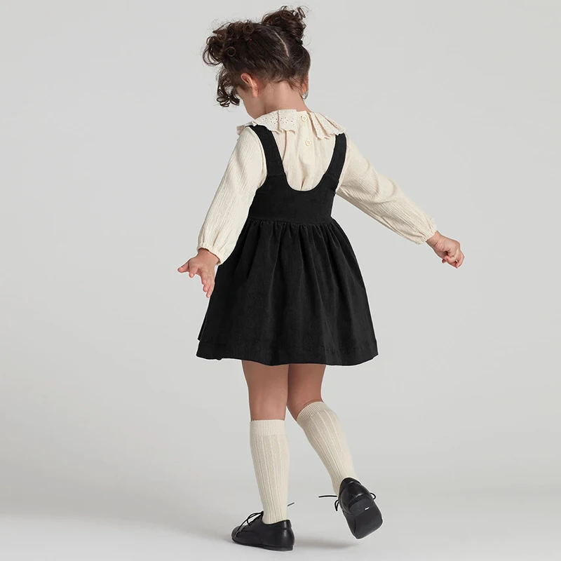 2026 Autumn New Retro Corduroy Adjustable Straps Dress Girls Casual Loose Sleeveless Ruched Dresses Children's Clothing