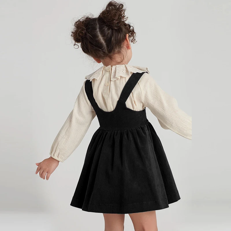 2026 Autumn New Retro Corduroy Adjustable Straps Dress Girls Casual Loose Sleeveless Ruched Dresses Children's Clothing
