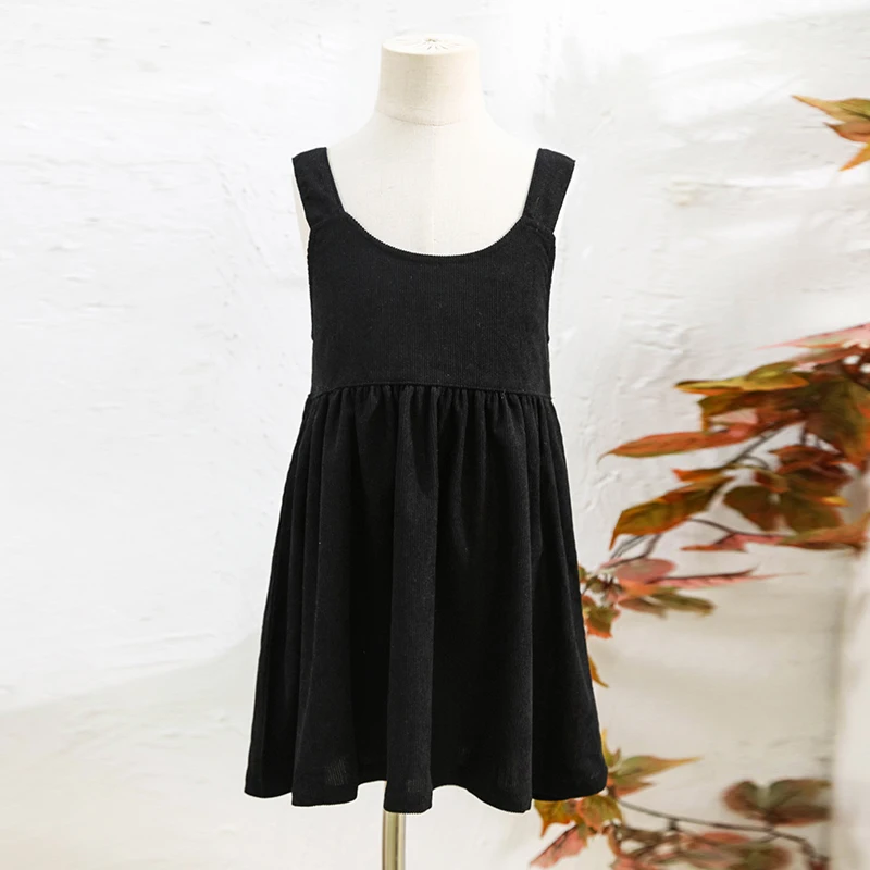 2026 Autumn New Retro Corduroy Adjustable Straps Dress Girls Casual Loose Sleeveless Ruched Dresses Children's Clothing