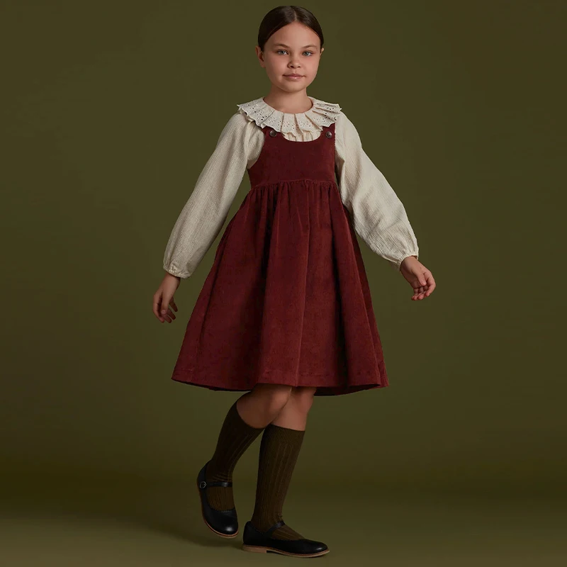 2026 Autumn New Retro Corduroy Adjustable Straps Dress Girls Casual Loose Sleeveless Ruched Dresses Children's Clothing