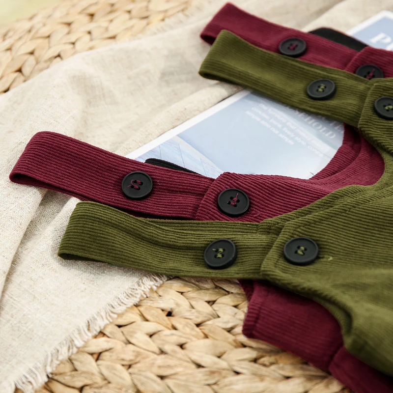 2026 Autumn New Retro Corduroy Adjustable Straps Dress Girls Casual Loose Sleeveless Ruched Dresses Children's Clothing