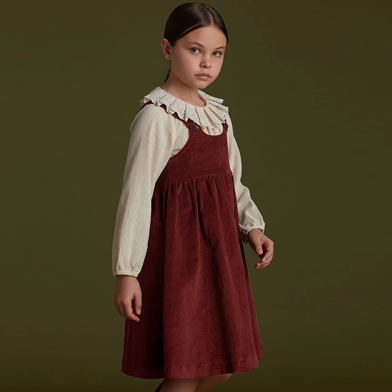2026 Autumn New Retro Corduroy Adjustable Straps Dress Girls Casual Loose Sleeveless Ruched Dresses Children's Clothing