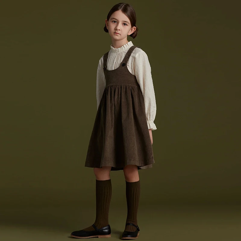 2026 Autumn New Retro Corduroy Adjustable Straps Dress Girls Casual Loose Sleeveless Ruched Dresses Children's Clothing