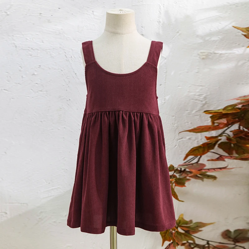 2026 Autumn New Retro Corduroy Adjustable Straps Dress Girls Casual Loose Sleeveless Ruched Dresses Children's Clothing