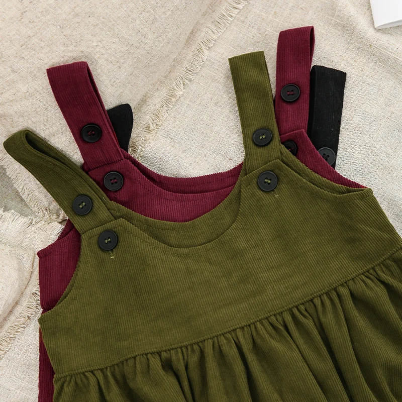 2026 Autumn New Retro Corduroy Adjustable Straps Dress Girls Casual Loose Sleeveless Ruched Dresses Children's Clothing