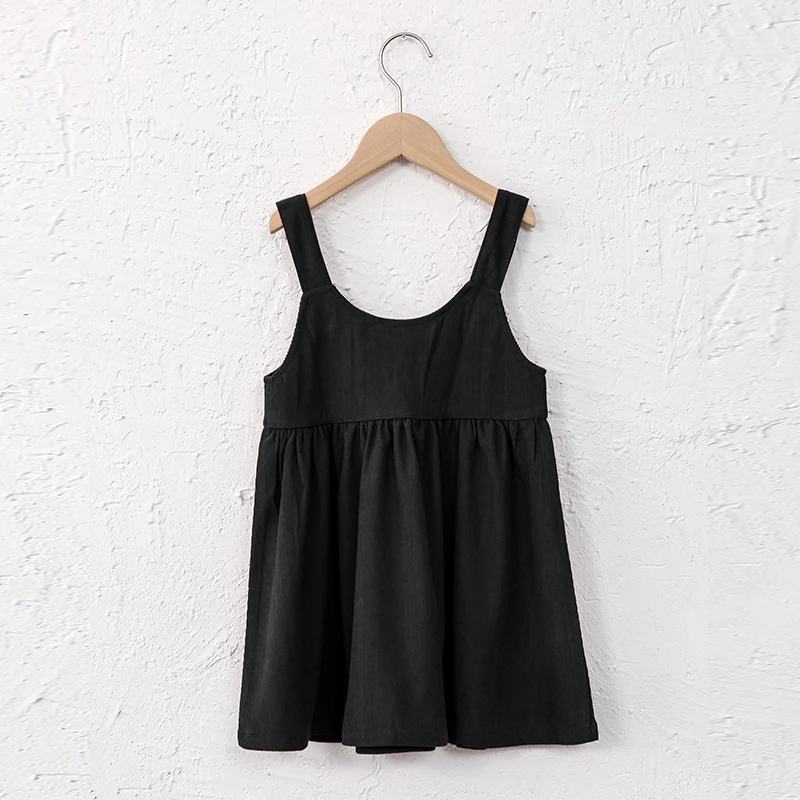 2026 Autumn New Retro Corduroy Adjustable Straps Dress Girls Casual Loose Sleeveless Ruched Dresses Children's Clothing