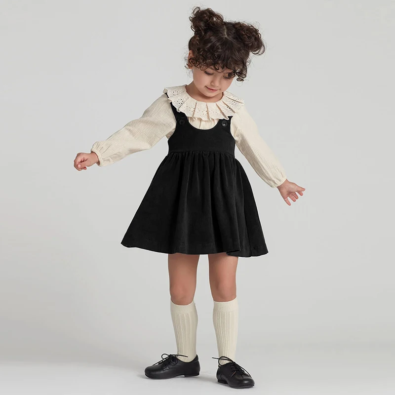 2026 Autumn New Retro Corduroy Adjustable Straps Dress Girls Casual Loose Sleeveless Ruched Dresses Children's Clothing