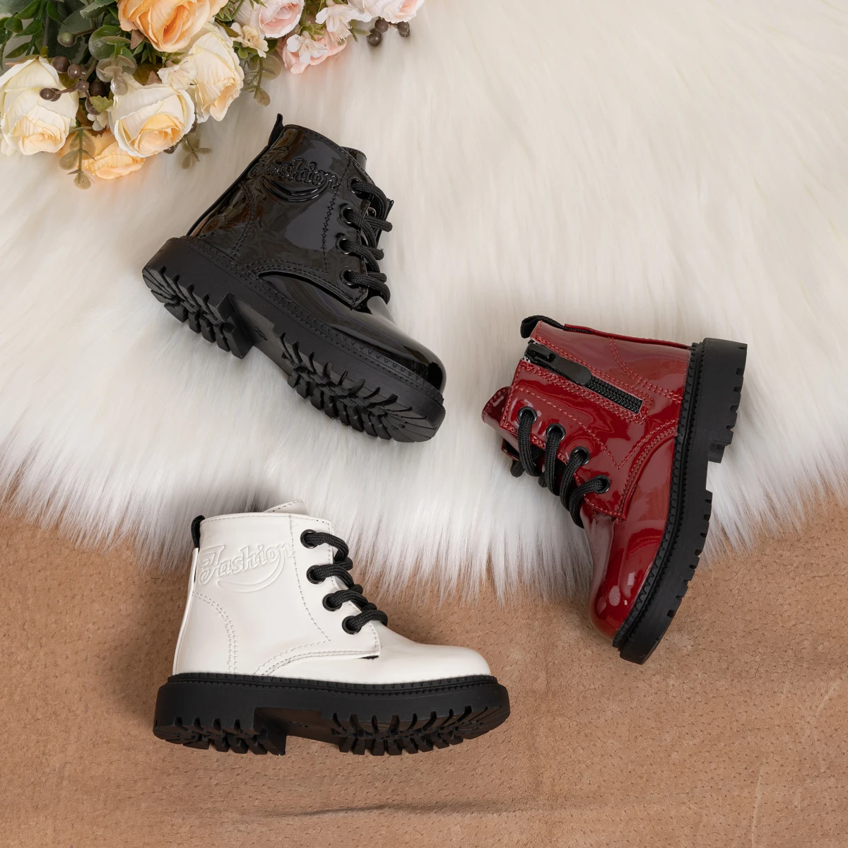 Autumn and Winter Children's Shoes Waterproof PU Leather Children's Boots Fashion Toddler Lace-up Zip High Boots Boys Girls