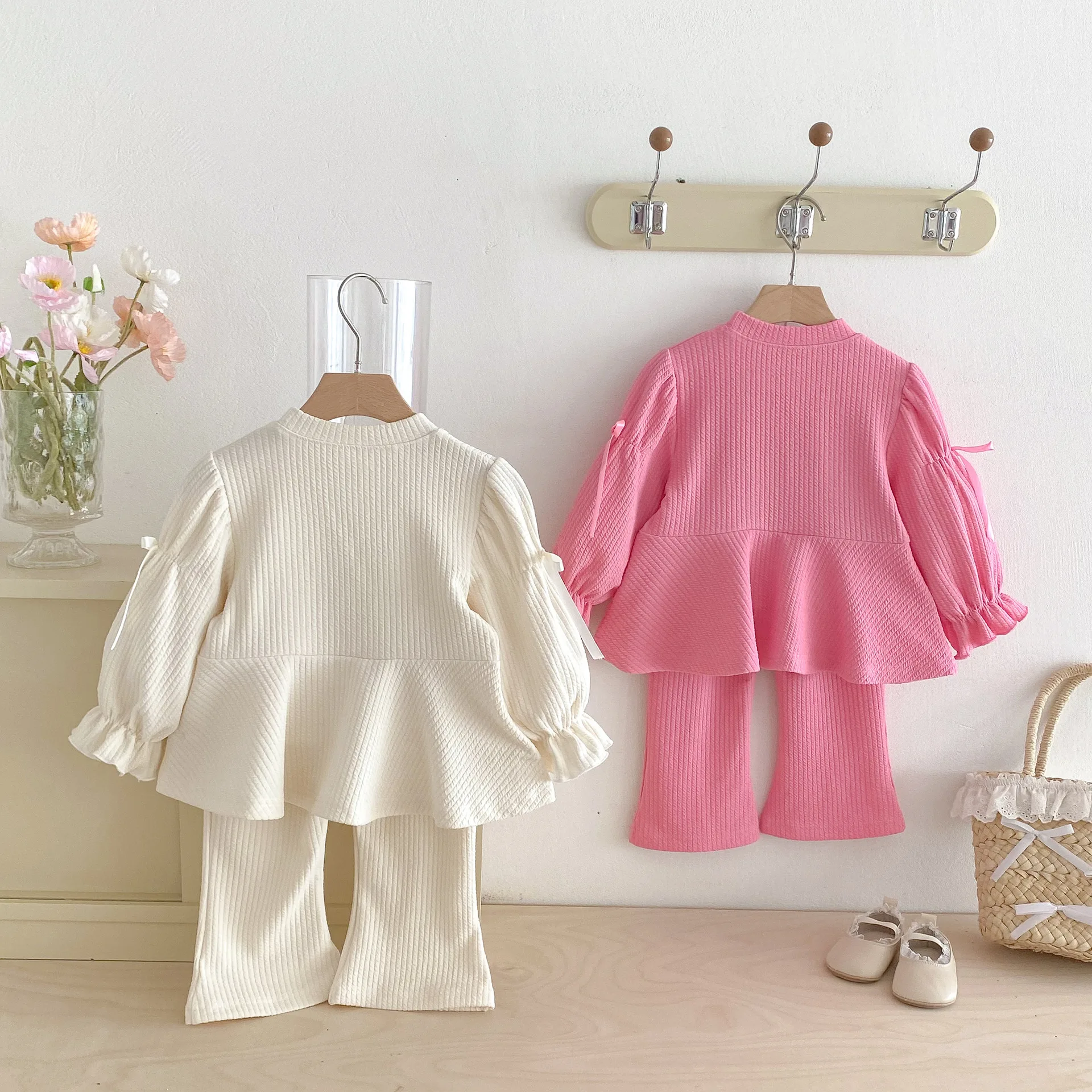 Children Bow Shirts + Flared Trousers 2pcs Suit Cotton Toddler Girl Outfits Autumn Korean Girls' Set Sweet and Cute Girls Set
