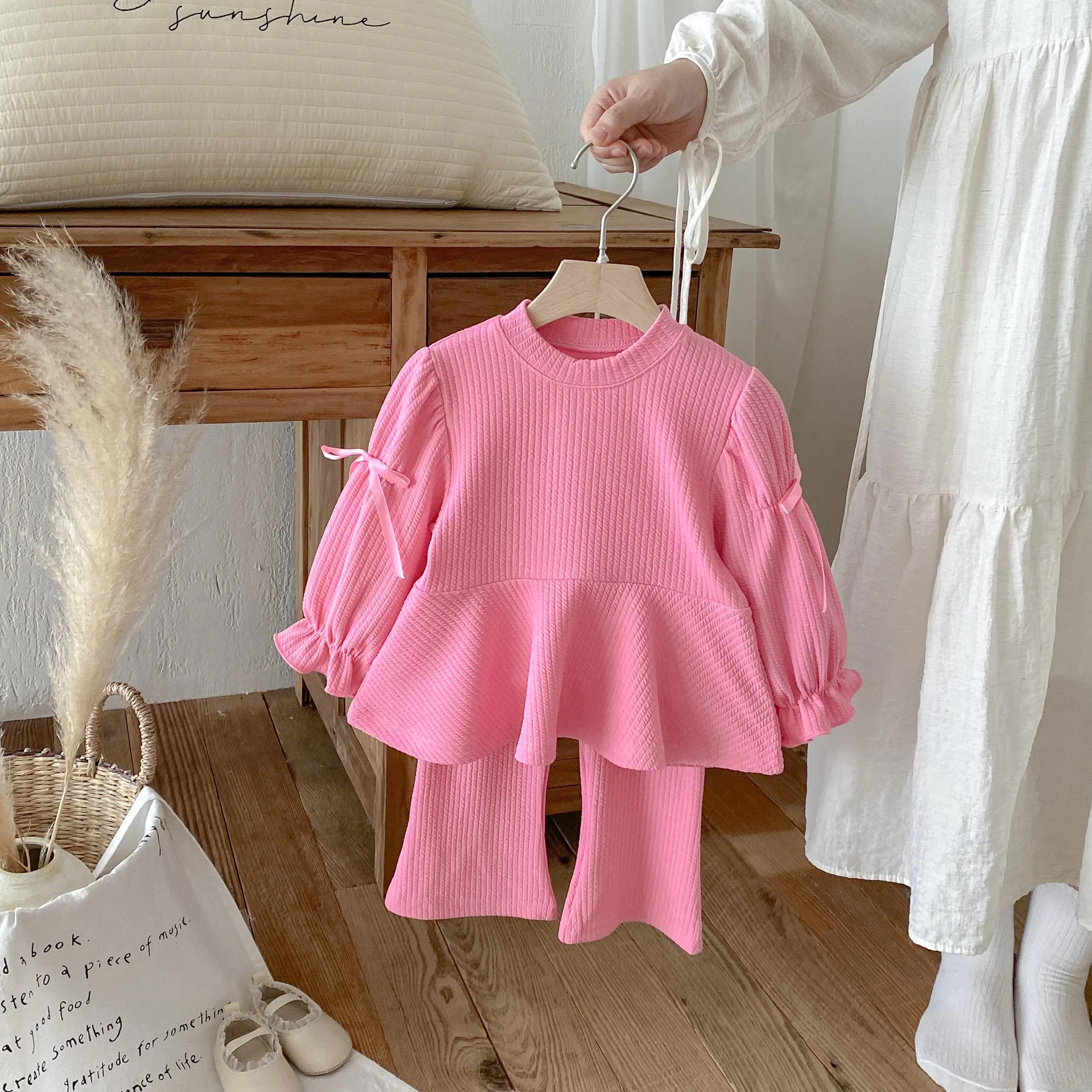 Children Bow Shirts + Flared Trousers 2pcs Suit Cotton Toddler Girl Outfits Autumn Korean Girls' Set Sweet and Cute Girls Set