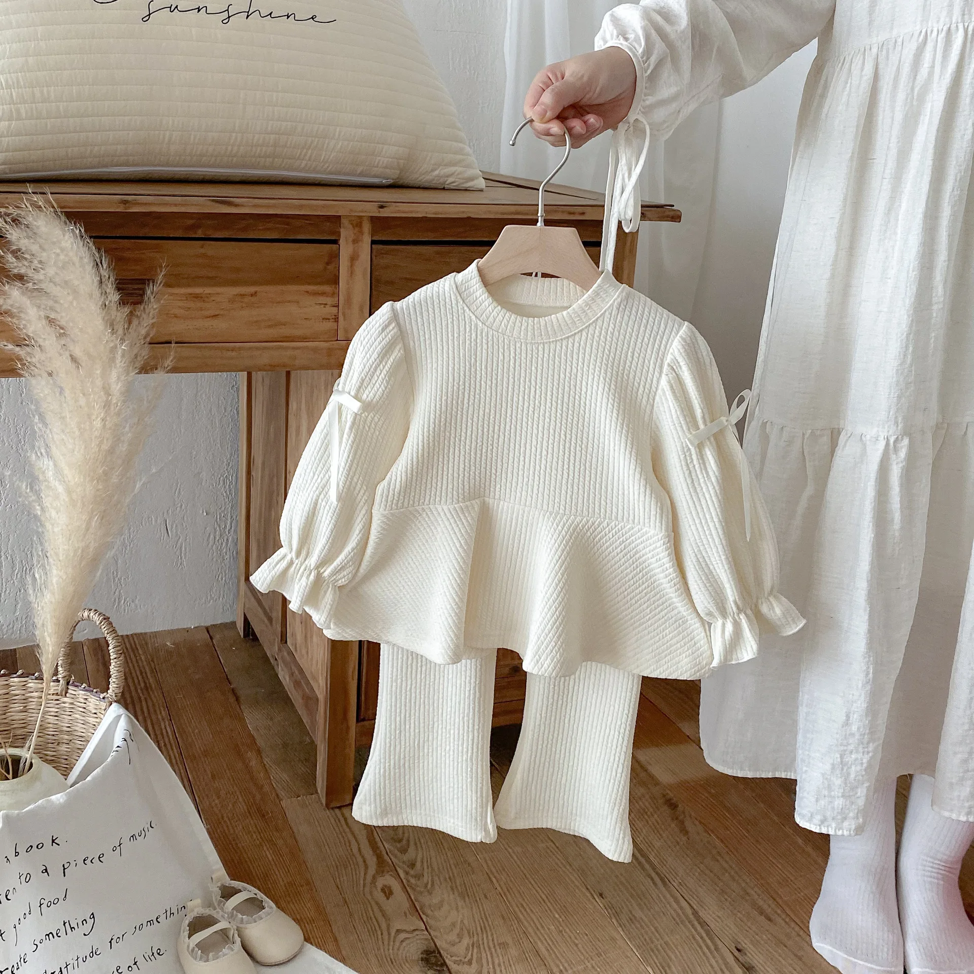 Children Bow Shirts + Flared Trousers 2pcs Suit Cotton Toddler Girl Outfits Autumn Korean Girls' Set Sweet and Cute Girls Set